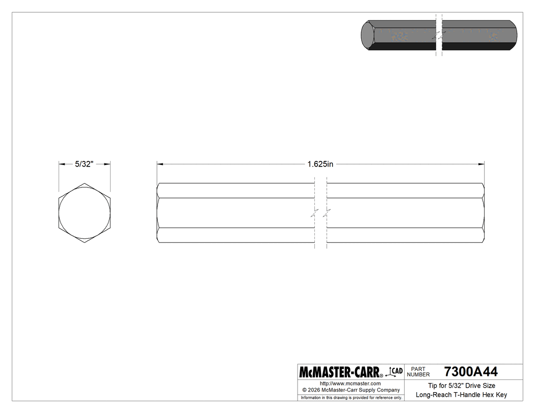 Technical Drawing of Tip for 5/32" Drive Size Long-Reach T-Handle Hex Key.